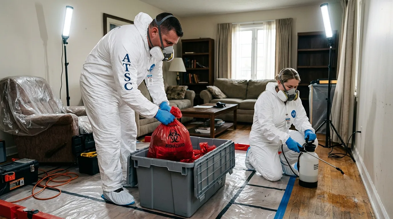 Professional Hoarding Cleanup technician in full PPE working in Laveen